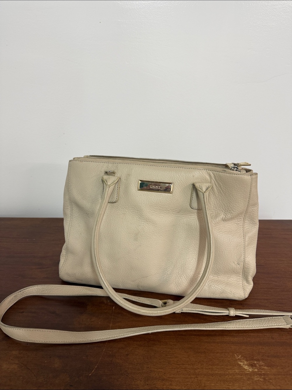 DKNY Cream Leather Shoulder Satchel with Gold Plaque